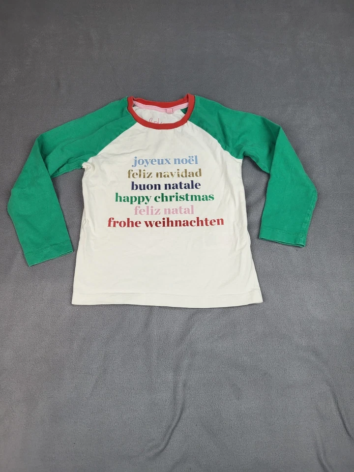 Boden Christmas Multilingual Shirt Boys 5 6Yr White Green Lightweight Crew Neck - Image 1 of 4