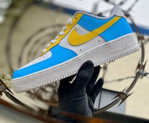 Air Force 1 Low Custom White Shoes Cool Vibrant Blue & Yellow Swoosh & Eyelets - Picture 1 of 20