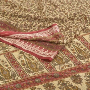 Sanskriti Vintage Ivory Sarees Indian Moss Crepe Printed Sari Soft Craft Fabric - Picture 1 of 8