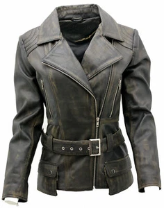 Ladies Casual Vintage Black Long Feminine Nappa Leather Biker Jacket - Picture 1 of 8