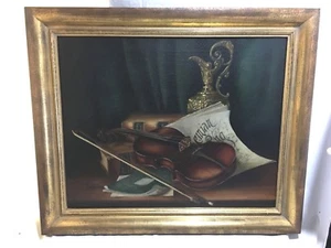 Orig 1895 signed Harriette Wood Robinson Violin & Books Still Life Oil Painting - Picture 1 of 1