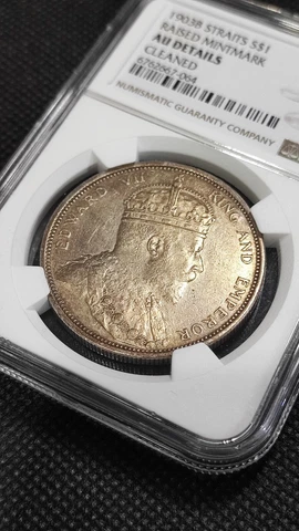 1903B $1 Dollar Raised Mintmark AU Details STRAITS  KING EDWARD VII Toning Cover