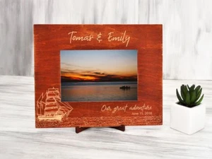 Wood Photo Frame Destination Wedding Gift Personalized Picture Frame Sailboat - Picture 1 of 12