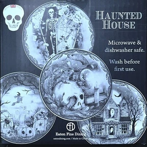 Eaton Haunted House Halloween Plates Set of 4 NIB Snake Witch Skeleton Ghost - Picture 1 of 3