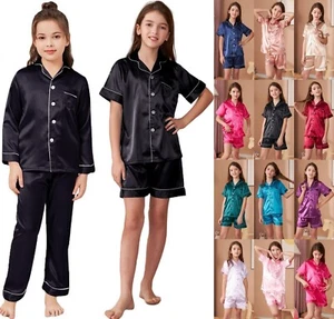 UK Boys Girls Silk Pyjamas Nightwear Top Pants Pjs Satin Sleepwear Outfits Kids - Picture 1 of 29