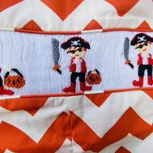 NWT Smocked Toddler Overalls Pirate w/Sword Hat Pumpkin Orange Chevron Size 3T - Picture 1 of 9
