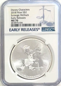 2018 Niue $2 Disney SCROOGE McDUCK Silver 1 Oz  NGC MS70 ER -  Uber RARE! ⭐️⭐️ - Picture 1 of 7