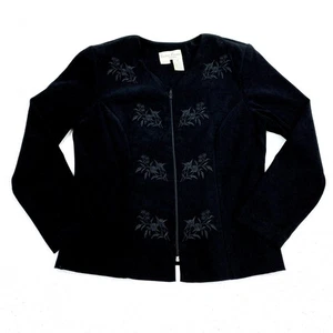 Betsy Lauren Suit Jacket Womens 8P Black Vintage Full Zip Floral Suede Like - Picture 1 of 8