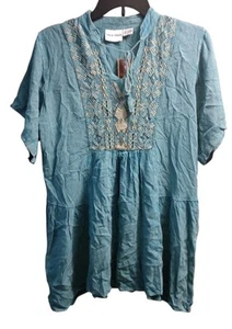 Raya Sun Blouse Women's Size Large Teal V Neck Embroidered Beads Lightweight NWT - Picture 1 of 4
