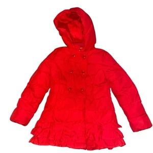 Gymboree Olivia Puffer Jacket Coat Red Sz Medium 7-8 Hood Snap Front Ruffles  - Picture 1 of 13