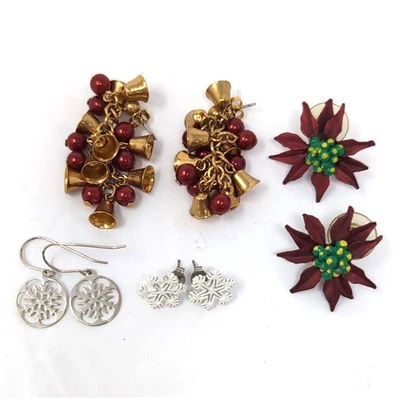 VTG Jewelry Christmas Pierced Earrings Bells Poinsettia Snowflakes Lot of 4 Pair - Image 1 of 4