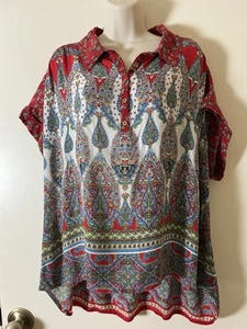 BILA Boxy Shirt Sz M Short Sleeve 1/4 Button Collared Boho Paisley 100% Rayon - Picture 1 of 11