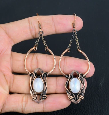 Maravillosos pendientes joyas envolventes de alambre de cobre hechos a mano piedras preciosas de luna arco iris Foto 1 de 4