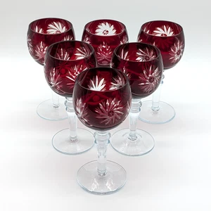 Vintage Böhmisch Rubinrot Schliff Klar Kristallglas Weinkelche 6er Set - Bild 1 von 9