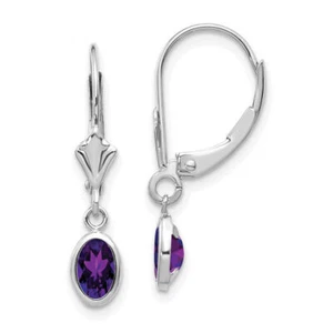 14K Solid White Gold Oval Amethyst Dangle Earrings - Picture 1 of 4