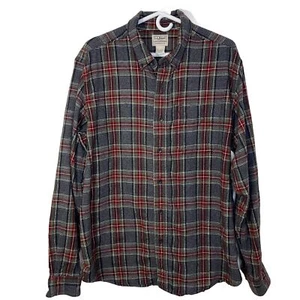 LL Bean Mens Large Traditional Button Plaid Flannel Cotton Grey Shirt EUC Warm - Picture 1 of 11