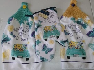 SET of  Crochet Top ASSORTED FLORAL Print POLYESTER Kitchen Towels OVEN MITT - Picture 1 of 1