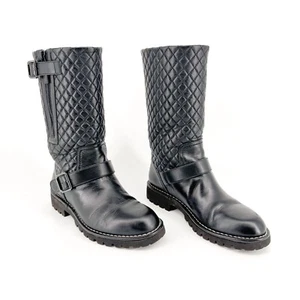 Chanel Quilted Moto Boots EU 37.5 US 6.5-7 Black Leather CC Biker Riding Calf - Picture 1 of 15