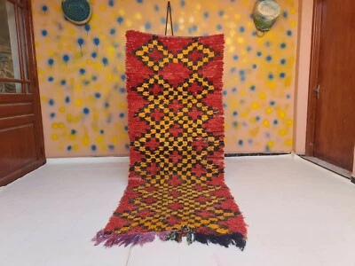 Authentic Vintage Moroccan Boujad Handmade Rug 3ft2x7ft1 Red with Yellow Lozenge - Image 1 of 4