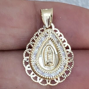 Real 14k gold virgin Mary Holy mother pendant charm 1 inch pear shape - Picture 1 of 12