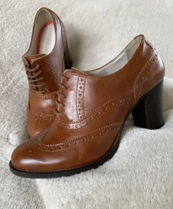 Boden 37 6 6.5 brown tan leather 3" heel wingtip oxford brogue shoes lace up tie - Picture 1 of 9