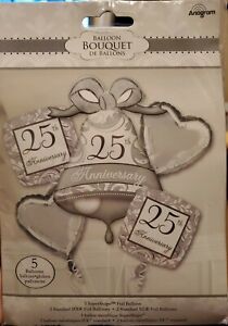 25th Anniversary - 5-Pc Balloon Bouquet - Supershape Bell - Silver & White - NEW