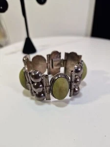 1940'S Green Onyx Bracelet - Sterling Silver - Made in Mexico - Box Clasp, *87 - Picture 1 of 14