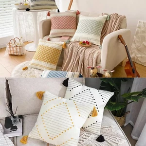 Custom Woven Moroccan Boho Tassel Style Tufted Square Cushion Covers 45x45cm - Picture 1 of 9