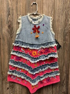 Vintage NWT Beetlejuice London Denim Girls Retro Floral Fringe Tank Dress sz 6 - Picture 1 of 5