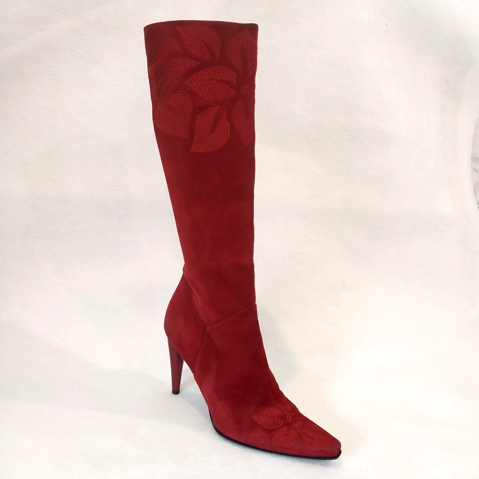 Stuart Weitzman Tall Boots Womens 6.5 Red Suede Embroidered Stiletto Pointy Cute - Image 1 of 4