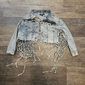 Chaqueta de mezclilla Thrill con flecos recortados lavados con ácido para mujer XL - Imagen 1 de 3