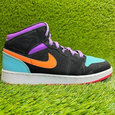 耐克 Air Jordan 1 Mid Girls 尺码 6Y 黑色蓝色紫色运动鞋 — 第 1/4 张图片