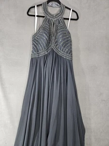 Jovani Gray Halter Maxi Embellished Beaded Gown Prom Birthday Dress 14 Flowy - Picture 1 of 9