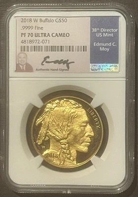 Moneda de oro Buffalo 2018-W de 50 dólares 1 oz .9999 pura NGC PF70 PROOF firmada MOY: 10339 Foto 1 de 2