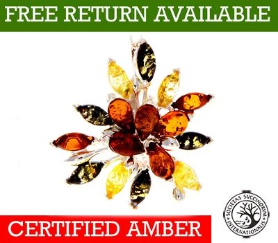 Pendente In Argento Sterling 925 Con Ambra Baltica Naturale A Più Pietre 211 - Immagine 1 di 4