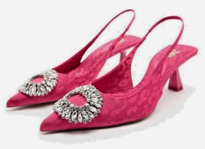 Zara verzierte Slingpumps mit Absatz rosa fuchsia Größe 7 1/2 Strass spitz zulaufend - Bild 1 von 11