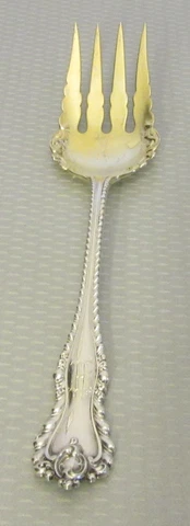 antique Dominick Haff 1892 MAZARIN SERVING FORK 9" cold meat entree mono M 73g Cover