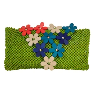 Pochette boho perline legno fiori applicazione retrò verde borsetta estate festival - Foto 1 di 15