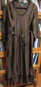 April Cornell Embroidered Long Tiered Maxi Dress size L Brown Cotton Belted EUC