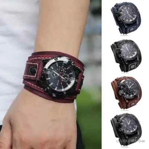 Wide Leather Watch Cuff Band Brown Wrist Black Strap Punk Retro Quartz Mens New - Picture 1 of 29