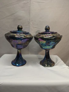 2 Indiana Glass Blue Carnival Harvest Grape Covered Compote Candy Dishes - Picture 1 of 20