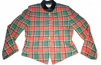 Blazer vintage años 90 Kasper rojo verde negro a cuadros de lana recortado con botones 10P Foto 1 de 4