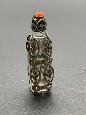 Ancien Flacon A Parfum Verre Argent Et Corail ? Vintage Old Bottle - Photo 1/4
