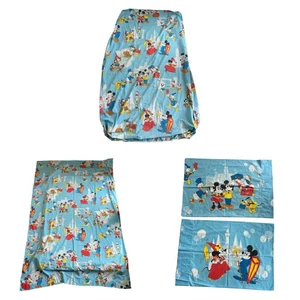 Vintage Disney Mickey Mouse Twin Sheet Set Flat Fitted 2 Pillowcases Disneyland - Foto 1 di 12