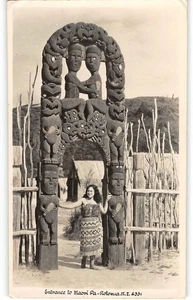 RPPC Maori Carved Entrance, Rotorua, New Zealand Native Woman Vintage Postcard - Picture 1 of 2