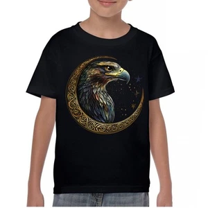 Celtic Moon Falcon Youth T-shirt North Mystic Bird of Prey Spirit Eagle Kids - Picture 1 of 50