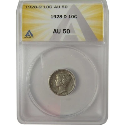1928 D Mercury Dime AU 50 ANACS Silver 10c Coin SKU:I20196 - Image 1 of 4