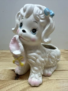 RARE Vintage Relpo White Puppy Dog Planter Blue Bow Pink Slipper & Paws 1950s - Picture 1 of 9