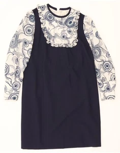 VINTAGE Womens Ruffle Front Shirt Dress UK 14 Medium Navy Blue Floral DG06 - Picture 1 of 4