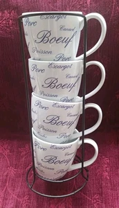 The Cellar Whiteware Blue Poulet Mugs - Set/4 w/ Metal Rack - French Script - Picture 1 of 8